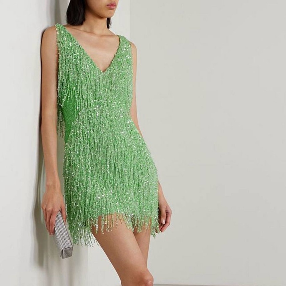 Naeem Khan NEW Green Fringe Beaded Gatsby Life of a Showgirl Mini Dress NWT 6